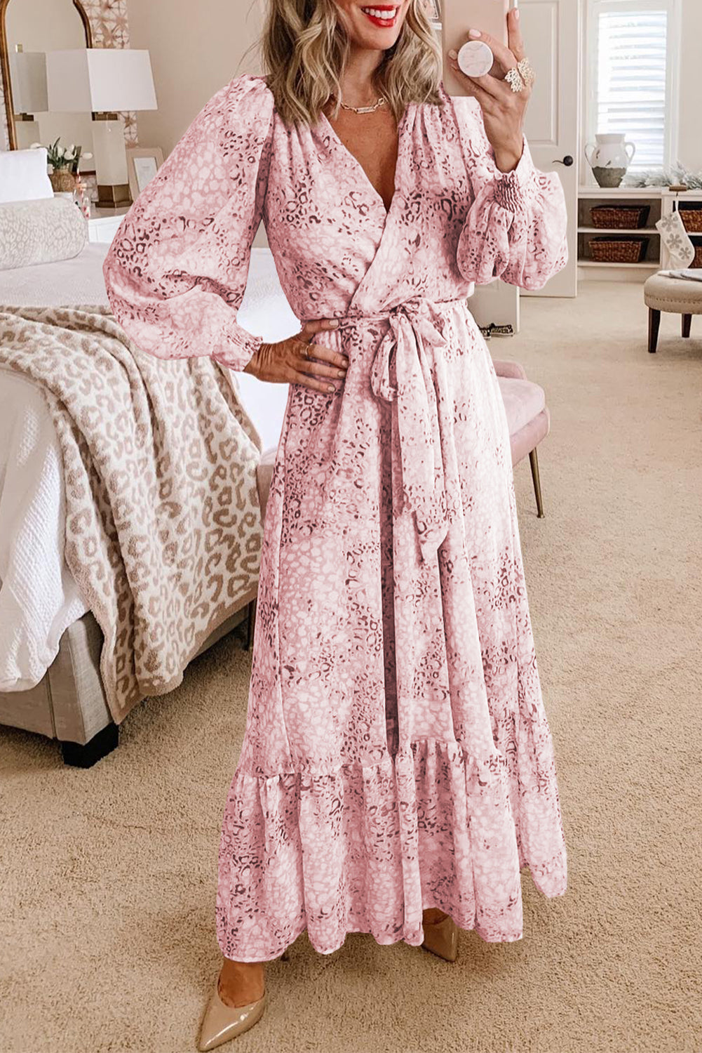 Pink Printed Surplice Neck Bubble Sleeve Maxi Dress with Sash Dresses JT's Designer Fashion