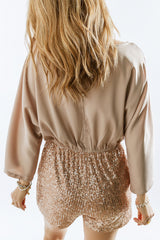 Khaki Sequin Patchwork Drawstring High Waist Romper Jumpsuits & Rompers JT's Designer Fashion