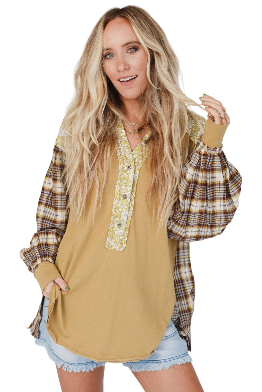 Yellow Floral Plaid Mixed Print Bishop Sleeve Patchwork Top with Slits Tops & Tees JT's Designer Fashion