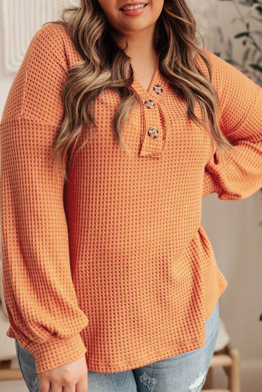 Orange Buttoned V Neck Waffle Knit Plus Size Top Plus Size Tops JT's Designer Fashion