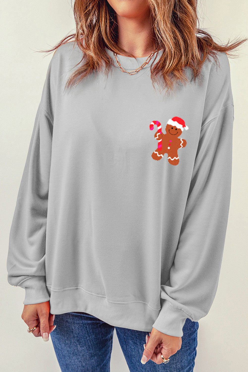 Gray Christmas Gingerbread Man Crew Neck Graphic Sweatshirt Graphic Sweatshirts JT's Designer Fashion