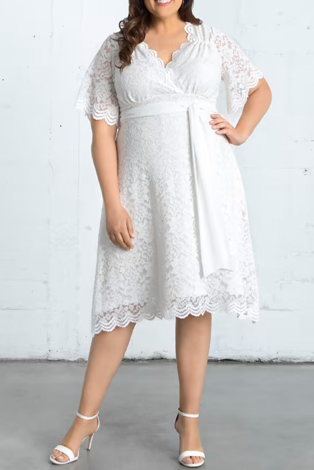 White Scalloped Lace Wrap V Neck Plus Size Dress Plus Size JT's Designer Fashion