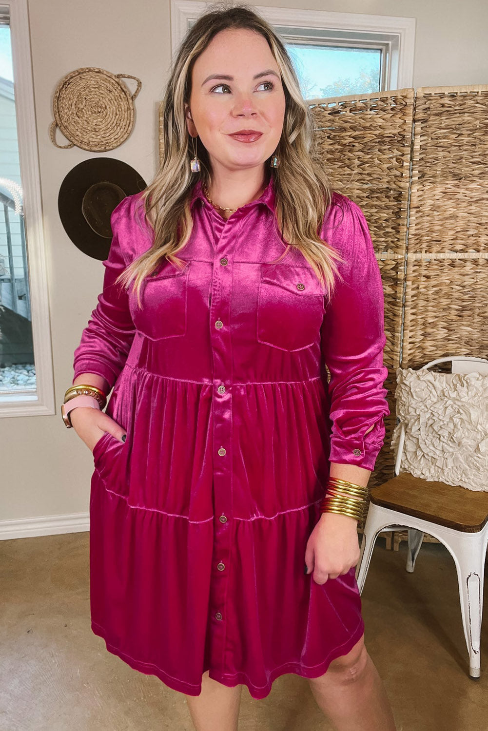 Rose Red Plus Size Velvet Long Sleeve Button-Up Tiered Dress Plus Size JT's Designer Fashion