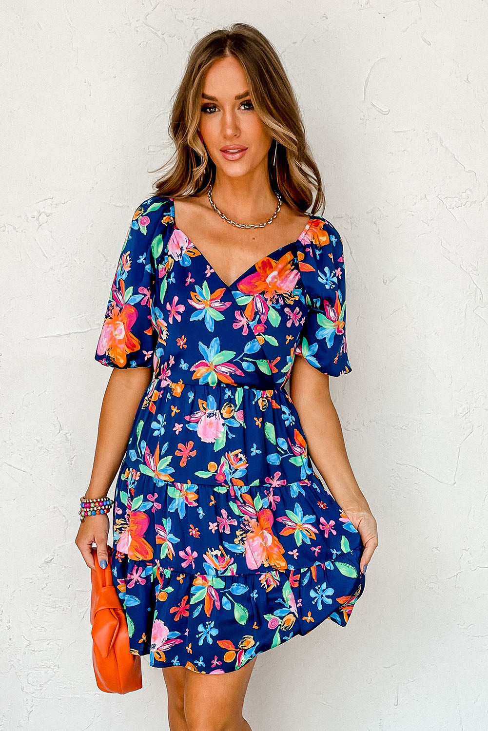 Blue Floral Surplice Mini Dress Dresses JT's Designer Fashion