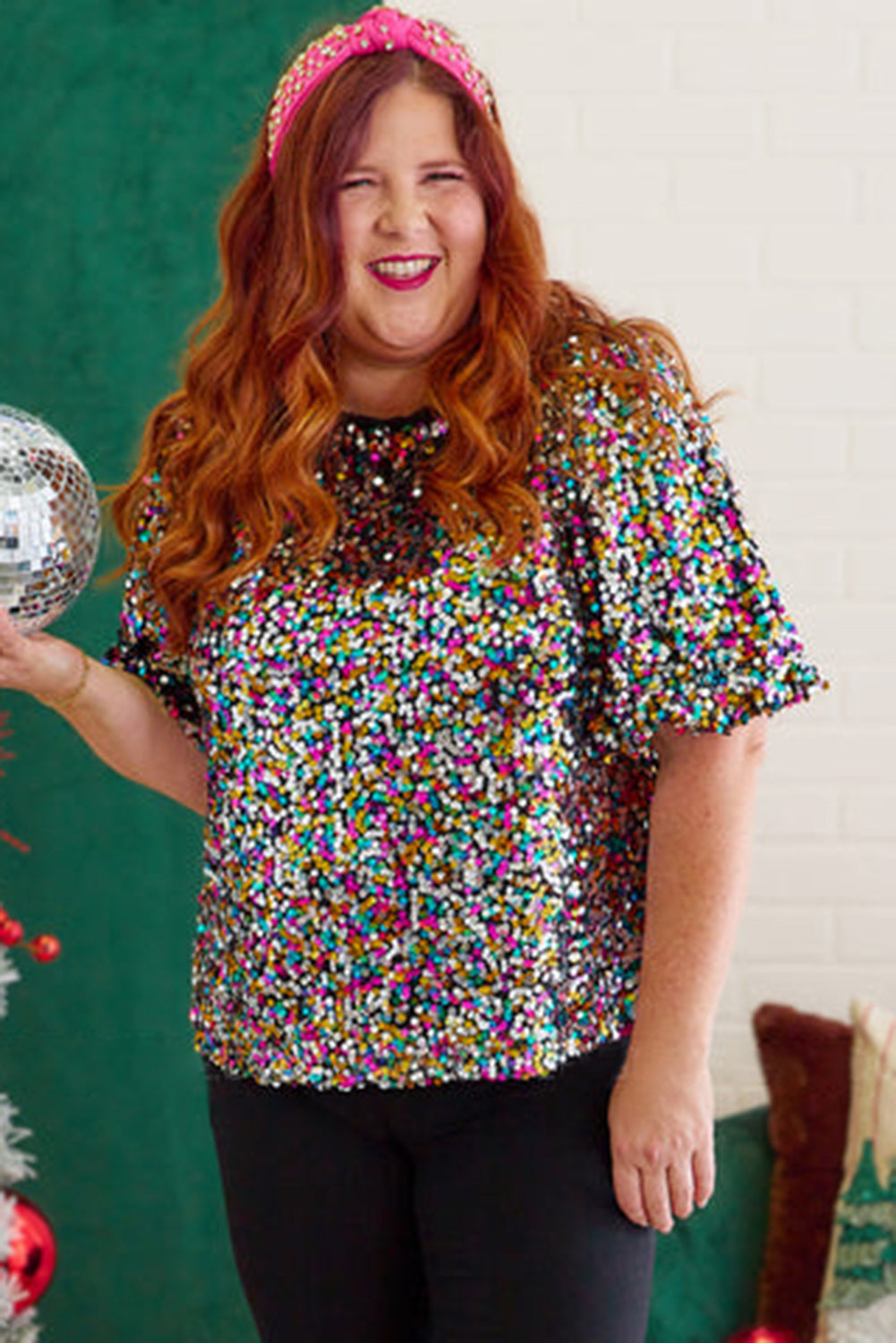 Silvery Vibrant Sequin Plus Size Short Sleeve Top Plus Size JT's Designer Fashion