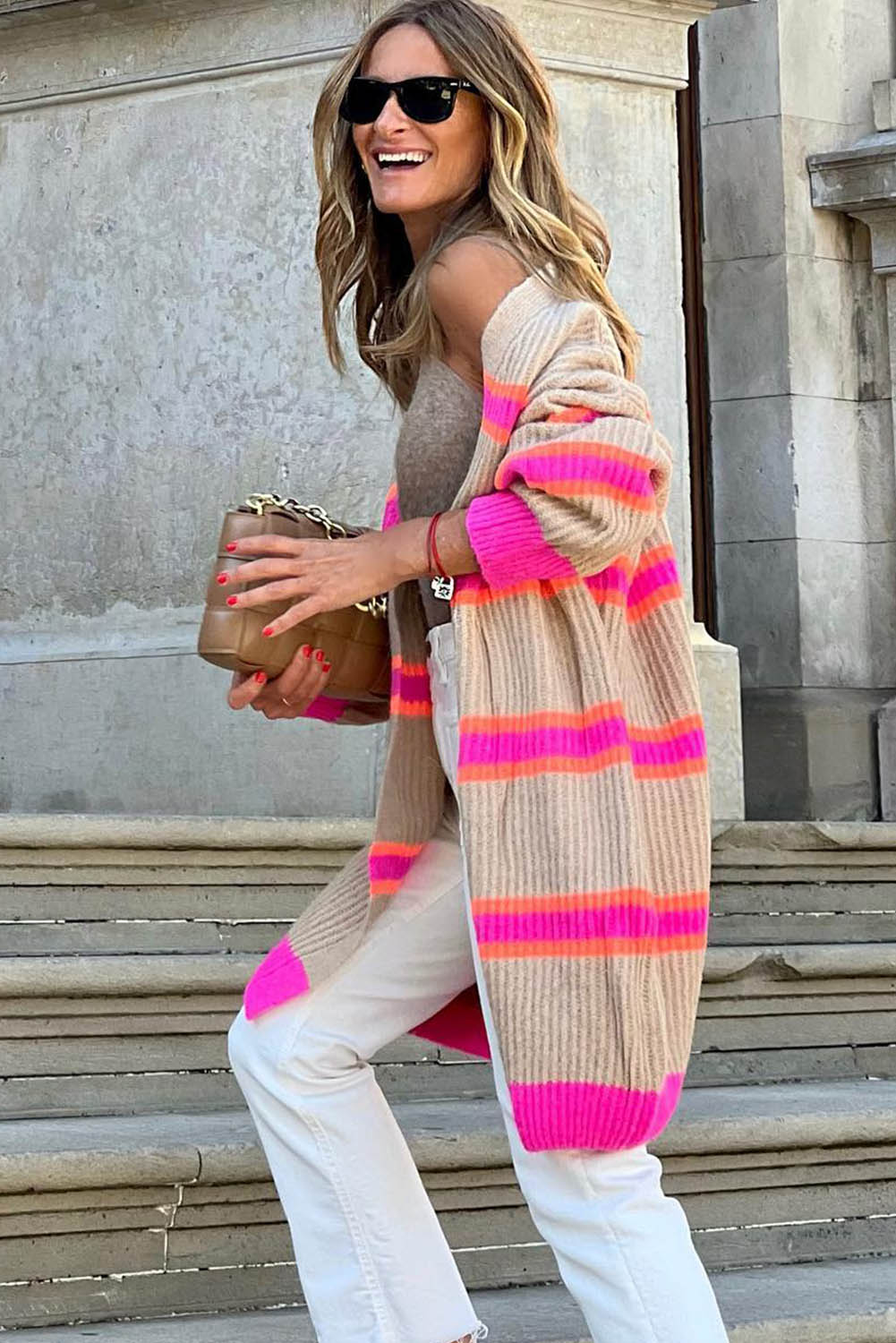 Pink & Cream Stripe Printed Ribbed Long Knitted Cardigan Pre Order Sweaters & Cardigans JT's Designer Fashion