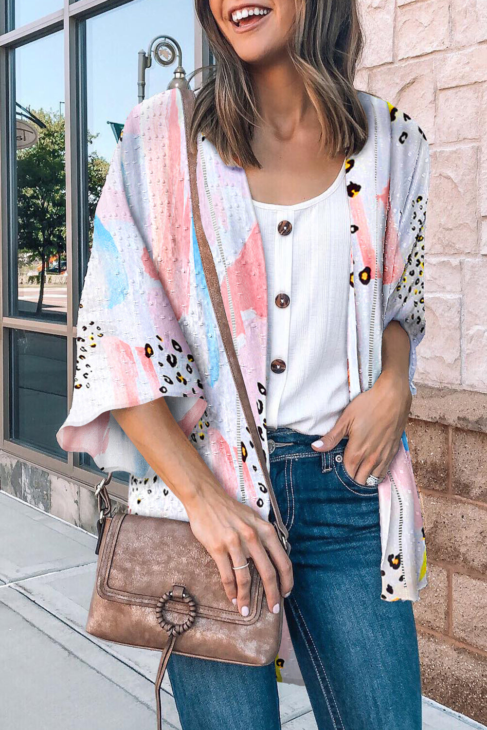 Multicolor Floral Print Open Front Bell Sleeve kimono Kimonos JT's Designer Fashion