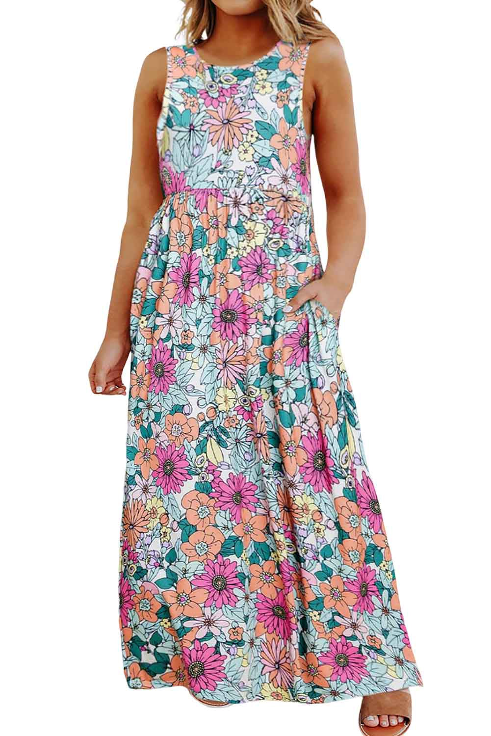 Multicolor Floral Printed Sleeveless Maxi Dress Plus Size JT's Designer Fashion