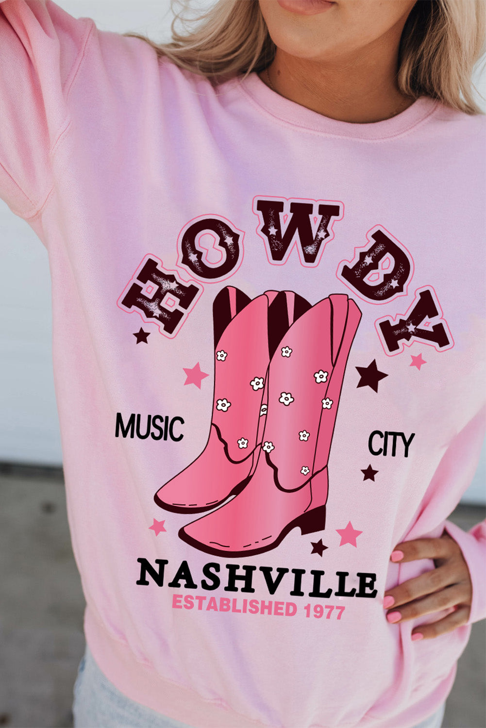 Pink HOWDY NASHVILLE Vintage Western Graphic Sweatshirt Graphic Sweatshirts JT's Designer Fashion