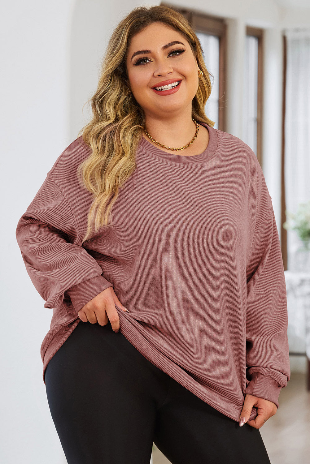 Pink Plus Size Corded Round Neck Sweatshirt Sweatshirts & Hoodies JT's Designer Fashion