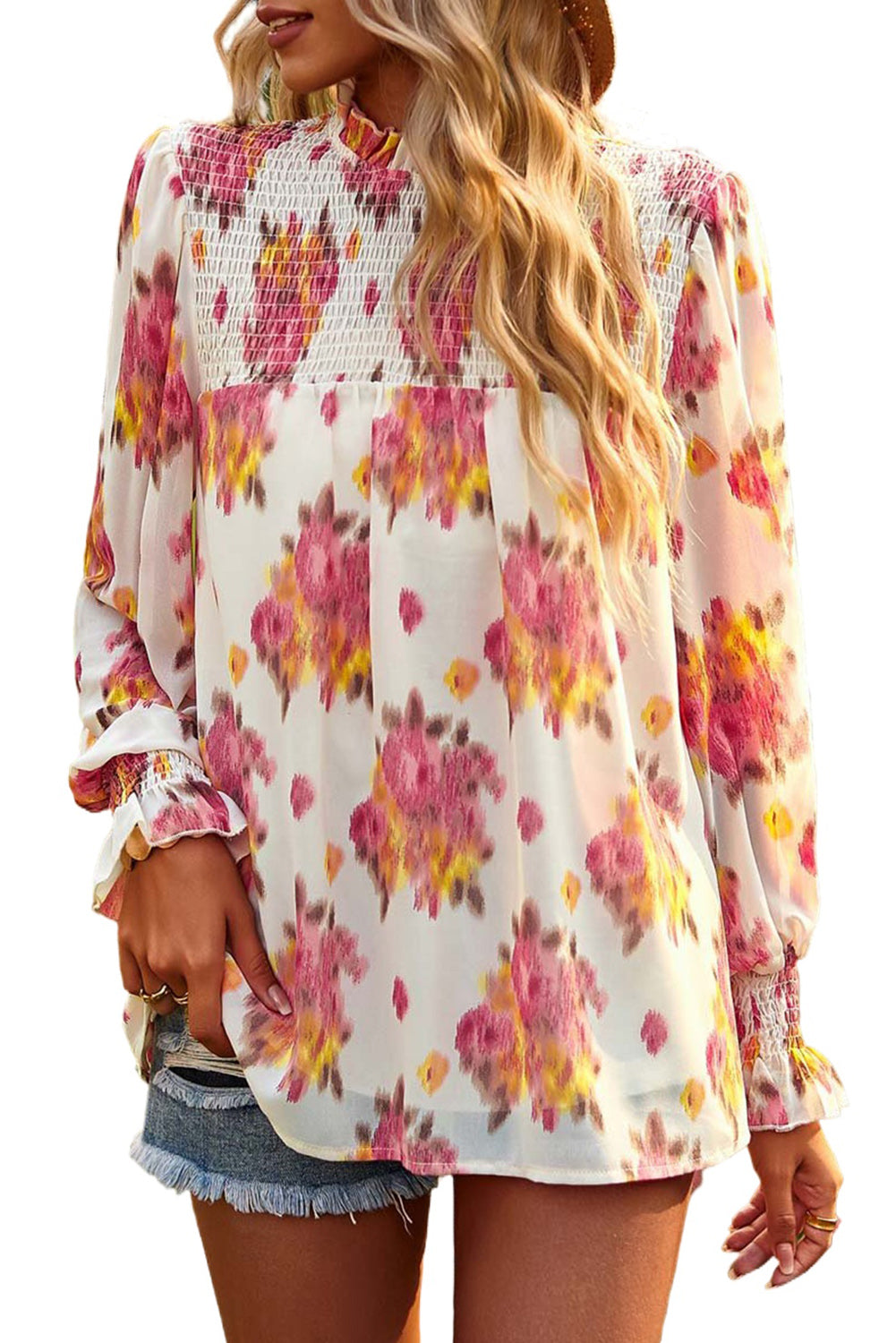 Yellow Floral Smocked Long Sleeve Frill High Neck Blouse Tops & Tees JT's Designer Fashion