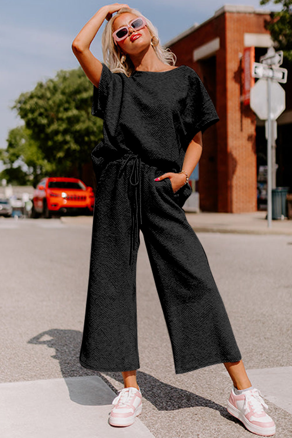 Black Textured Loose Fit T Shirt and Drawstring Pants Set Bottoms JT's Designer Fashion