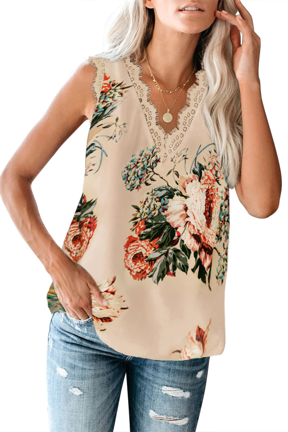 Apricot V Neck Lace Trim Floral Tank Tank Tops JT's Designer Fashion