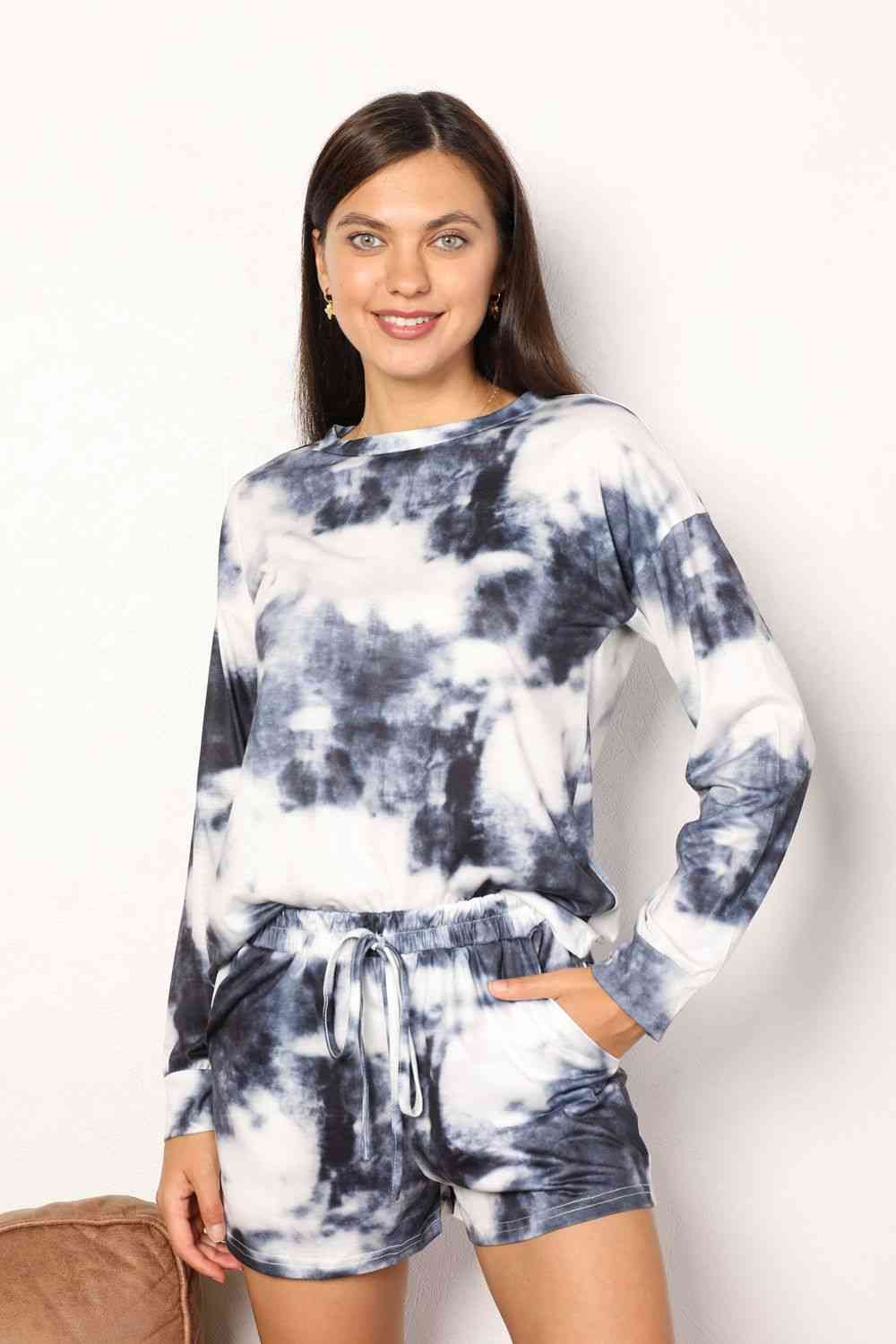 Double Take Tie-Dye Round Neck Top and Shorts Lounge Set Lounge Sets JT's Designer Fashion