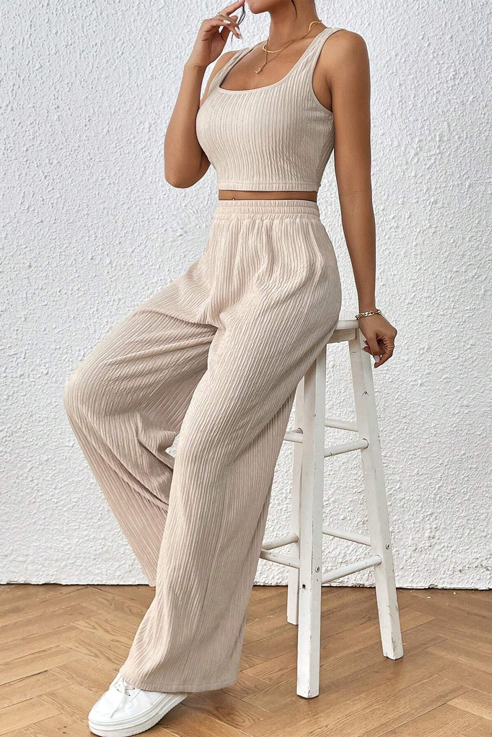 Pale Khaki Textured Crop Tank Top and Wide Leg Pants Set Bottoms JT's Designer Fashion