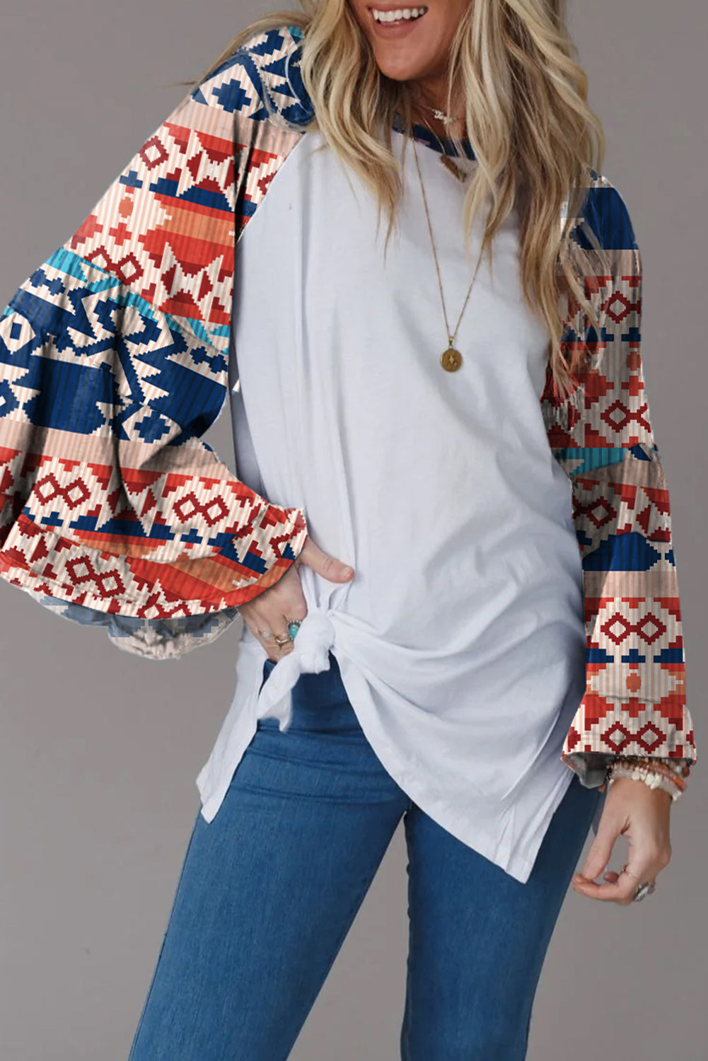 Multicolor Floral/Geometric Print Raglan Sleeve Split Top Tops & Tees JT's Designer Fashion