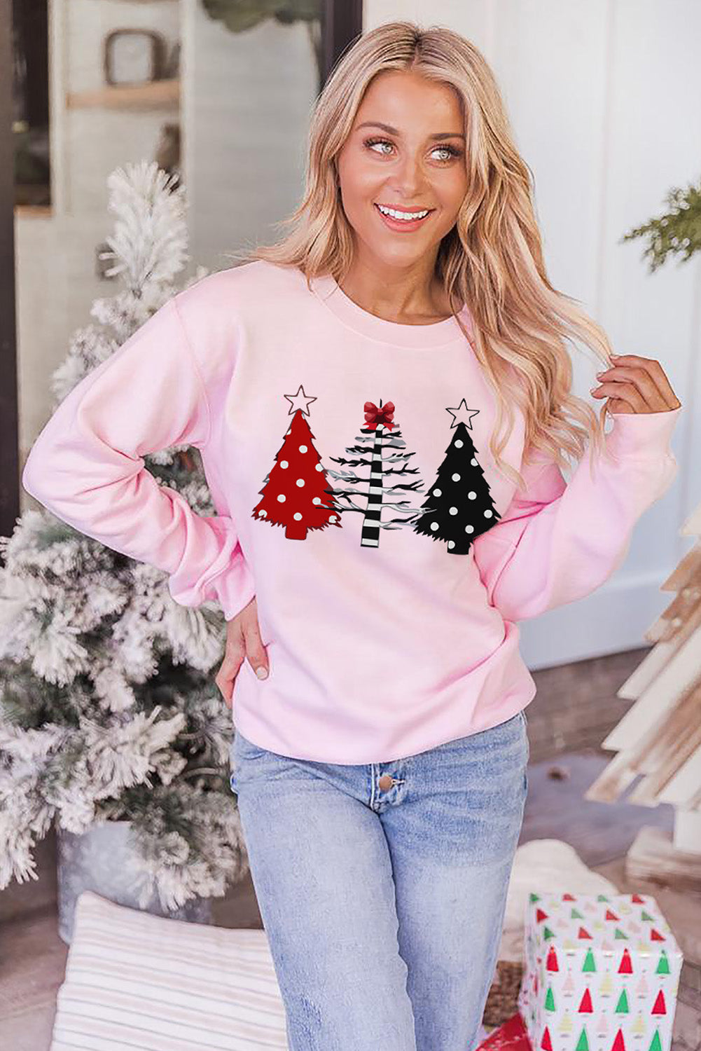 Pink Christmas Tree Graphic Print Pullover Sweatshirt Graphic Sweatshirts JT's Designer Fashion