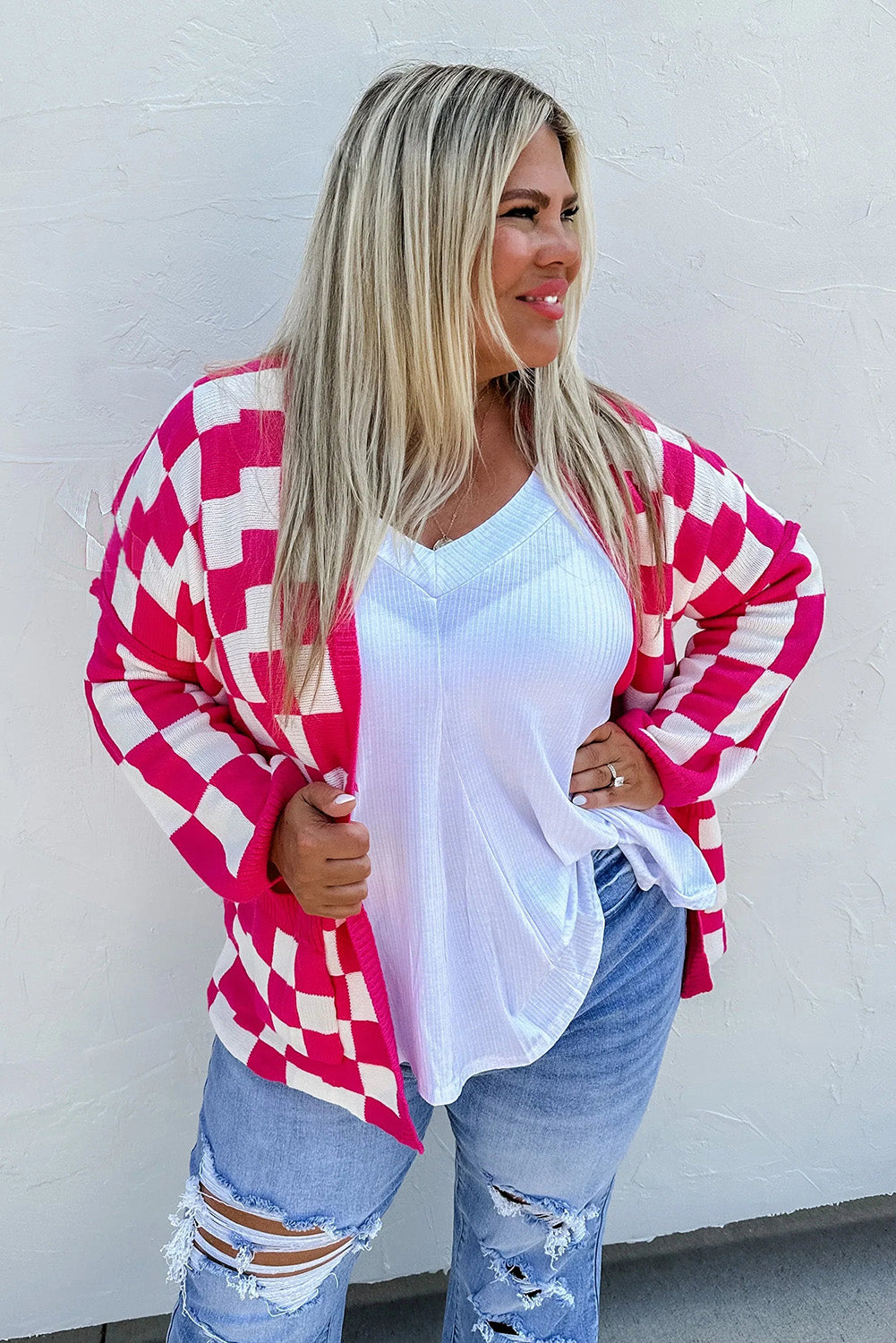 Pirouette Checkered Pattern Open Front Plus Size Cardigan Plus Size JT's Designer Fashion