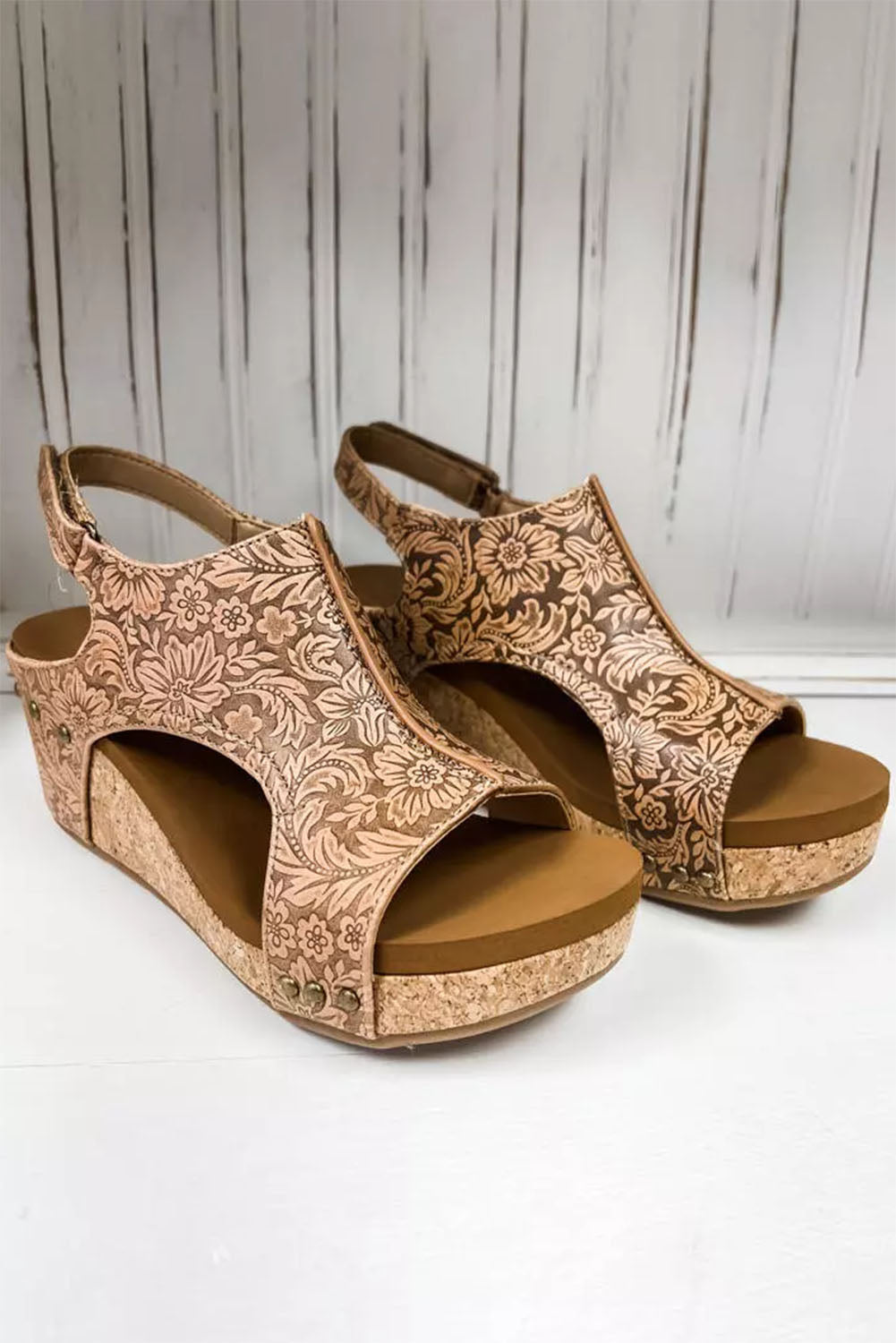 Brown Vintage Floral Leather Rivet Hollowed Platform Sandals Sandals JT's Designer Fashion