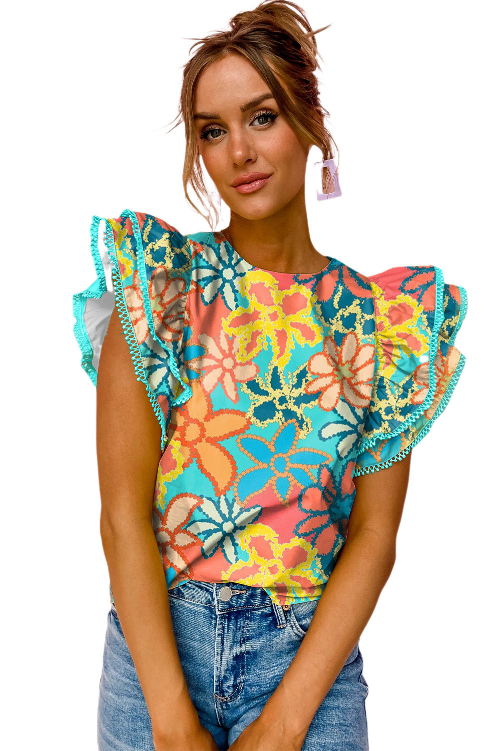 Green Multicolor Vibrant Floral Print Trimmed Ruffle Sleeve Blouse Tops & Tees JT's Designer Fashion