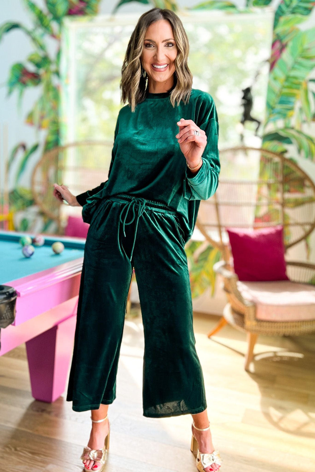 Blackish Green Velvet Long Sleeve Wide Leg Crop Pants Set Bottoms JT's Designer Fashion