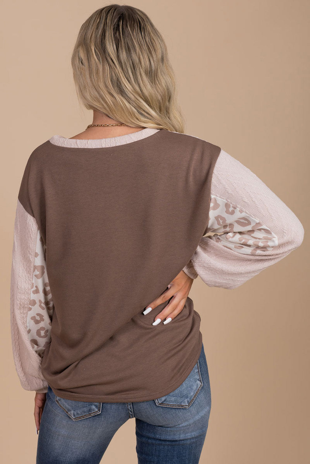 Light Pink Leopard Textured Knit Color Block Round Neck T Shirt Tops & Tees JT's Designer Fashion