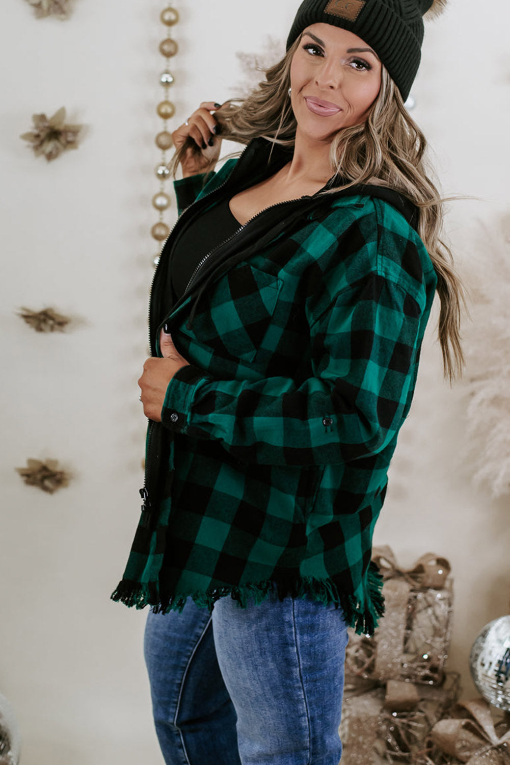 Blackish Green Plus Size Plaid Hooded Distressed Zip-Up Jacket Plus Size JT's Designer Fashion