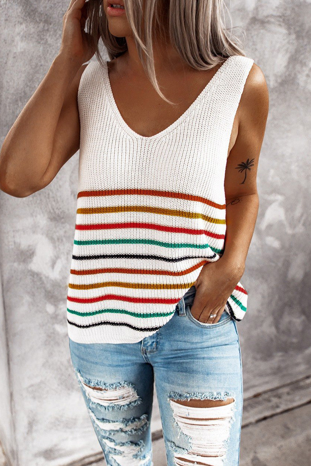 Multicolor Stripes White Knit Tank Top Tank Tops JT's Designer Fashion