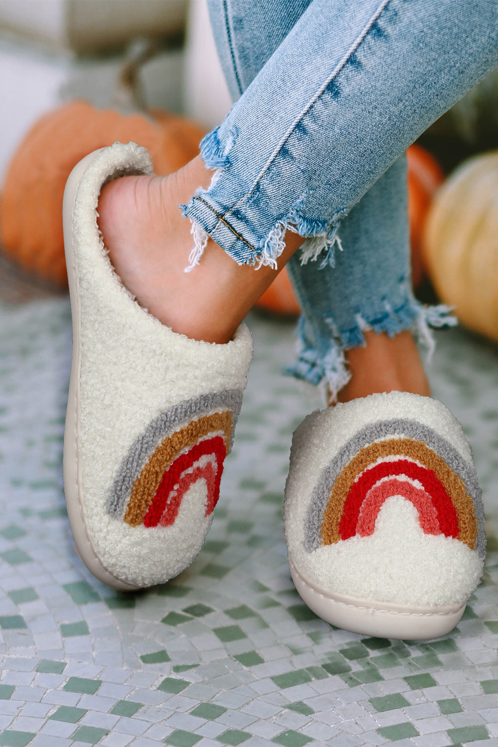 Bright White Rainbow Plush Winter Home Slippers Slippers JT's Designer Fashion