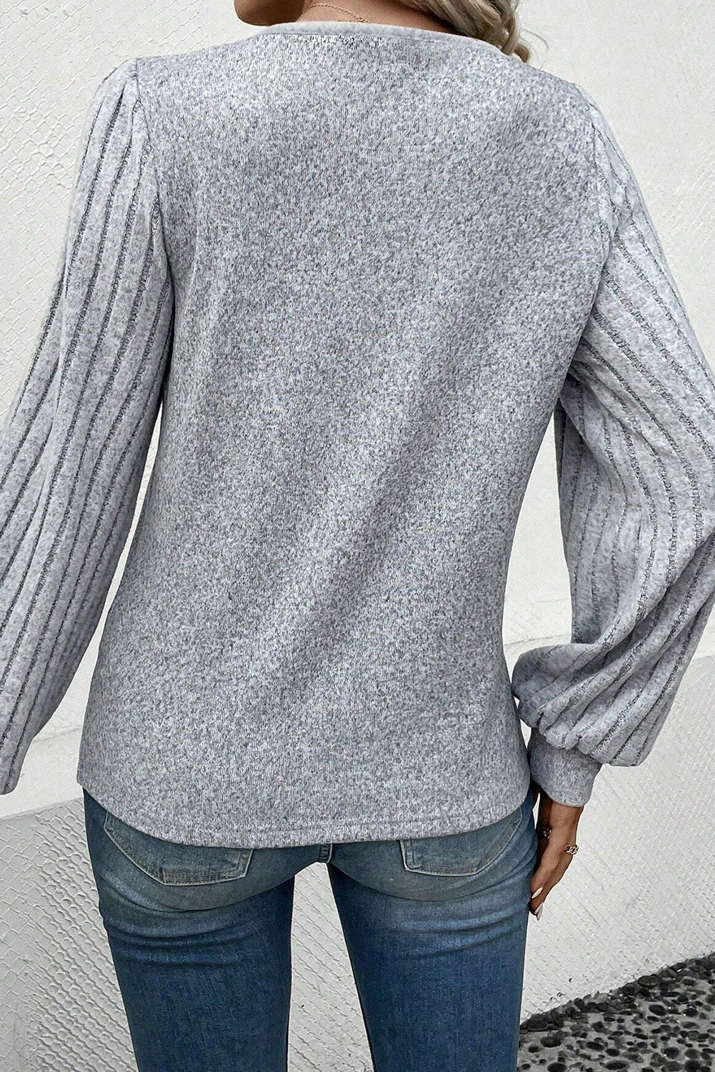 Light Grey Button Detail V Neck Ribbed Bishop Sleeve Top Tops & Tees JT's Designer Fashion