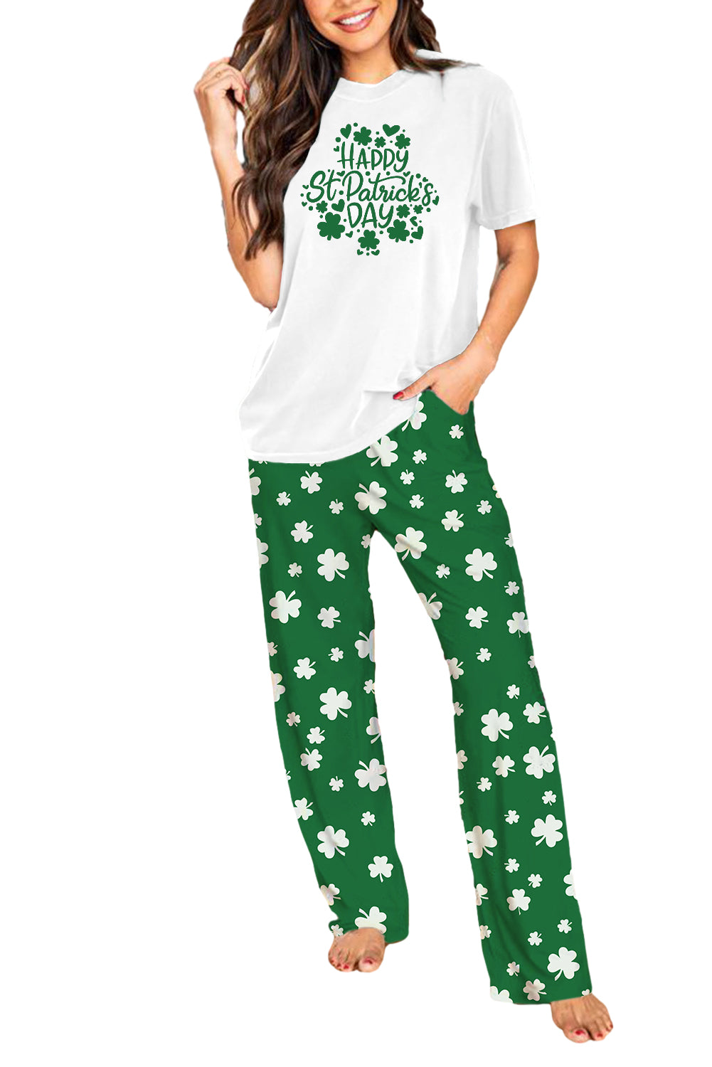 Dark Green Christmas Tree Print Tee and Pants Lounge Set Loungewear JT's Designer Fashion