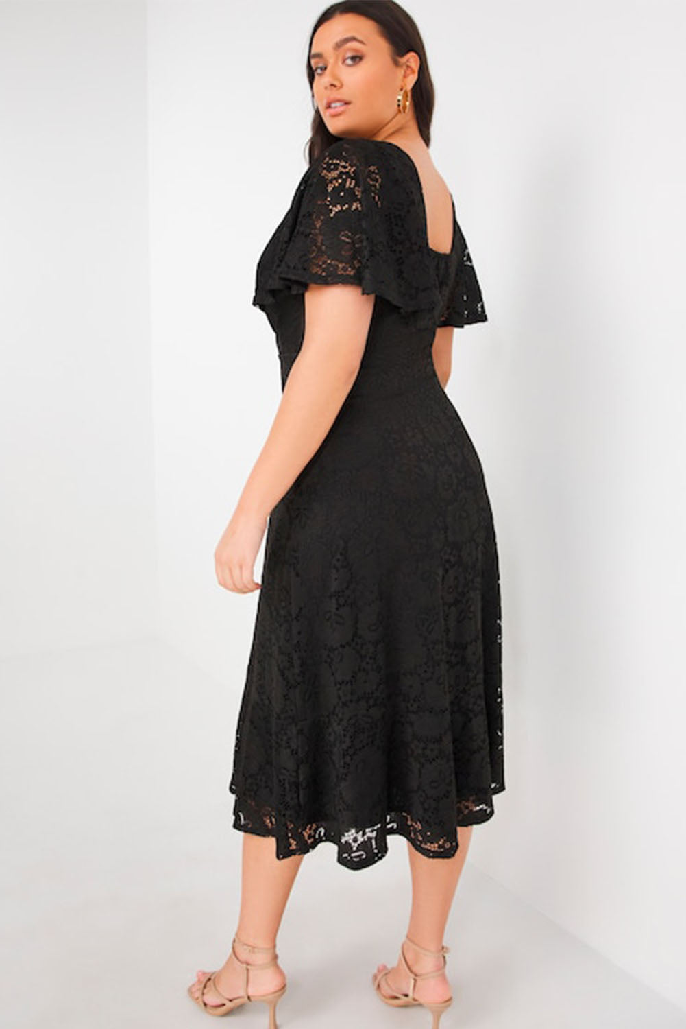 Black Plus Size Lace Flutter Sleeves Flare Midi Dress Plus Size JT's Designer Fashion