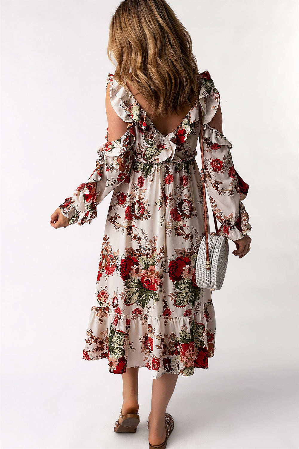 Apricot Hollow-out Shoulder Ruffle Floral Dress Floral Dresses JT's Designer Fashion