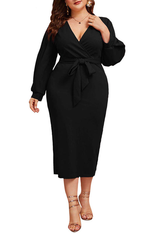 Black Plus Size Surplice Lantern Sleeve Belted Bodycon Dress Plus Size JT's Designer Fashion