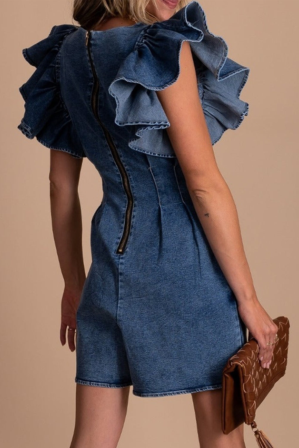 Blue Ruffle Pleated Denim Romper with Pockets Jumpsuits & Rompers JT's Designer Fashion