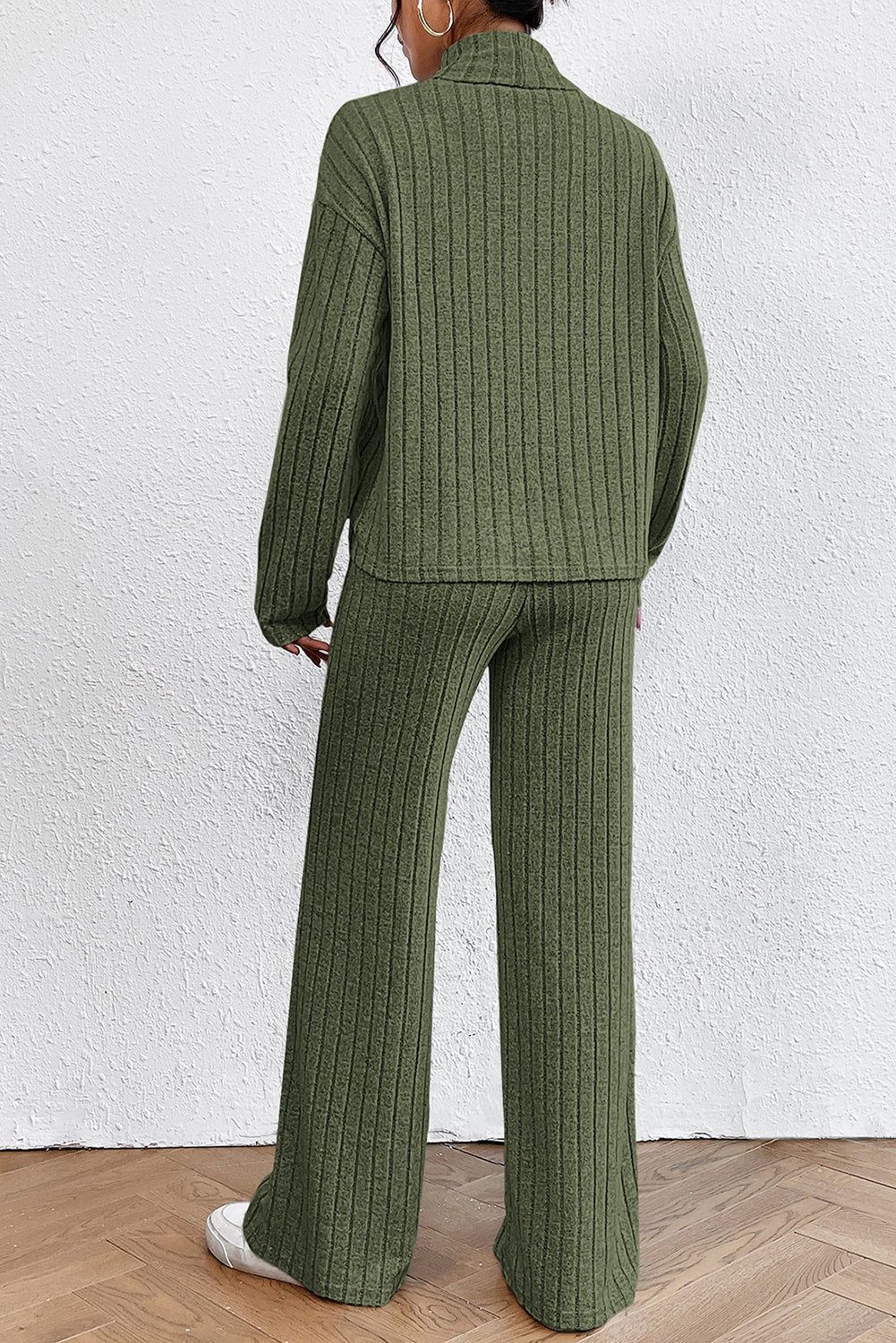 Jungle Green Ribbed Knit High Neck Loose Top and Pants Set Bottoms JT's Designer Fashion