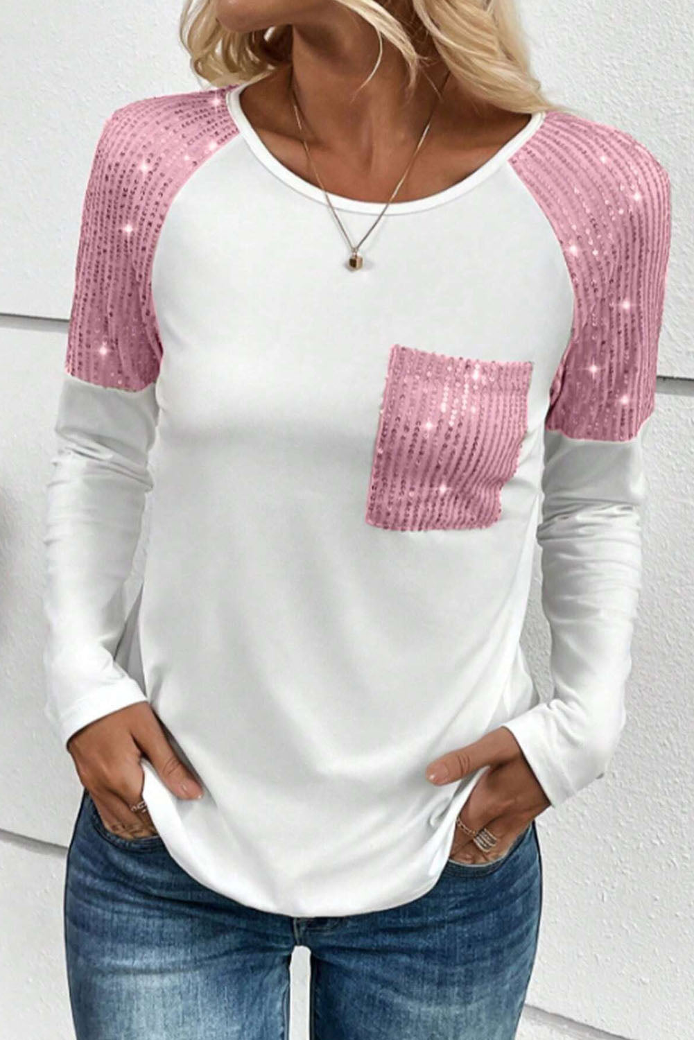 Pink Sequin Patch Chest Pocket Raglan Sleeve Top Tops & Tees JT's Designer Fashion