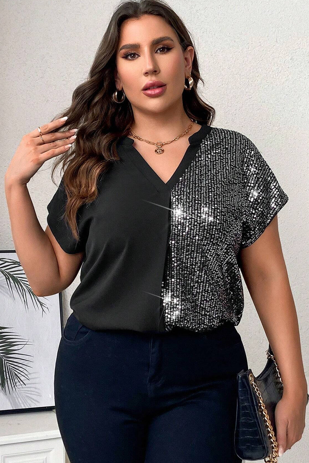 Black Split V Neck Contrast Half Sequin Plus Size Tee Plus Size JT's Designer Fashion