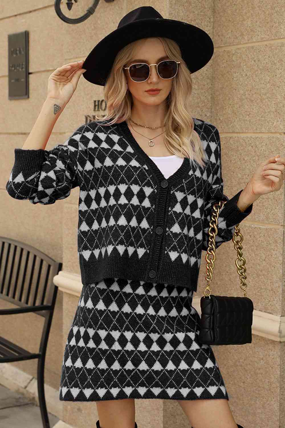 Geometric Dropped Shoulder Cardigan and Knit Skirt Set Black Sweater Dresses JT's Designer Fashion