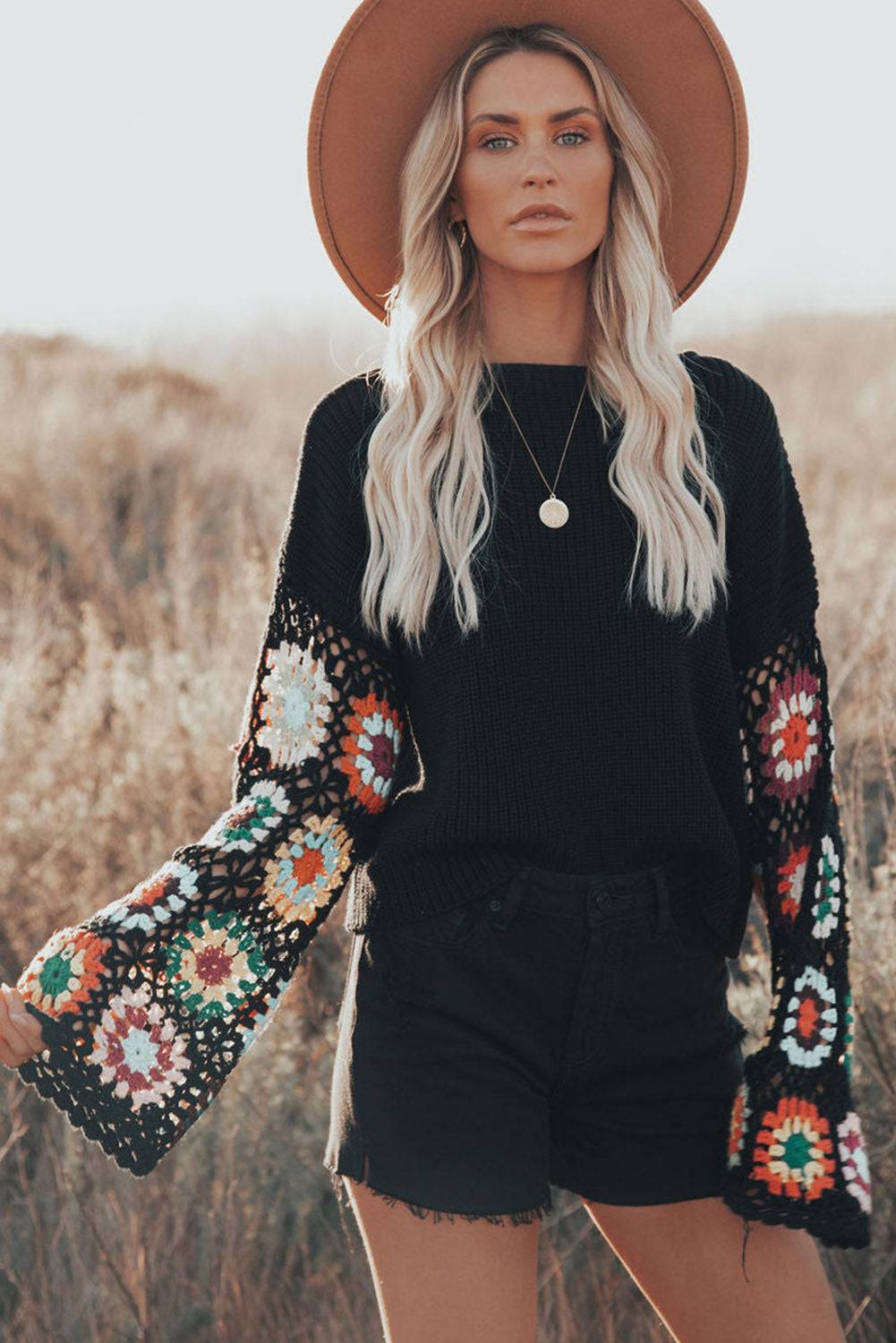 Black Floral Crochet Bell Sleeve Loose Sweater Pre Order Sweaters & Cardigans JT's Designer Fashion