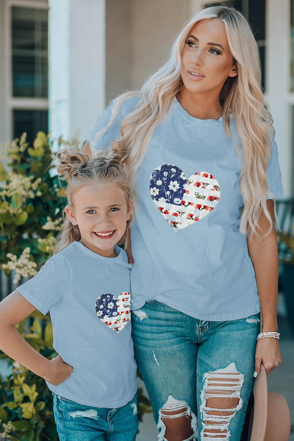 Sky Blue Family Matching American Flag Flower Heart Print Graphic Tee Family T-shirts JT's Designer Fashion