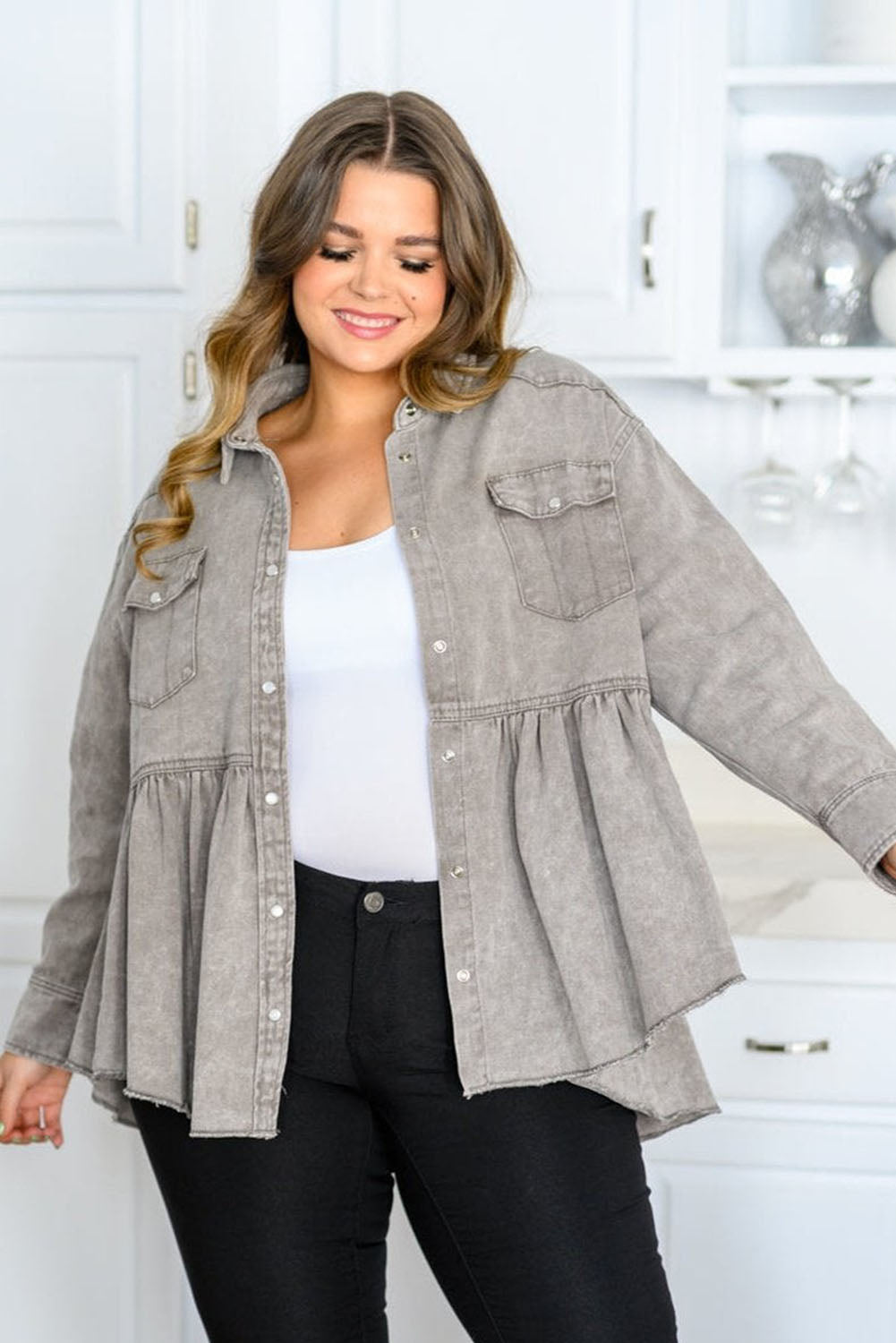 Gray Acid Wash Buttoned Ruffled Plus Size Denim Shacket Plus Size JT's Designer Fashion