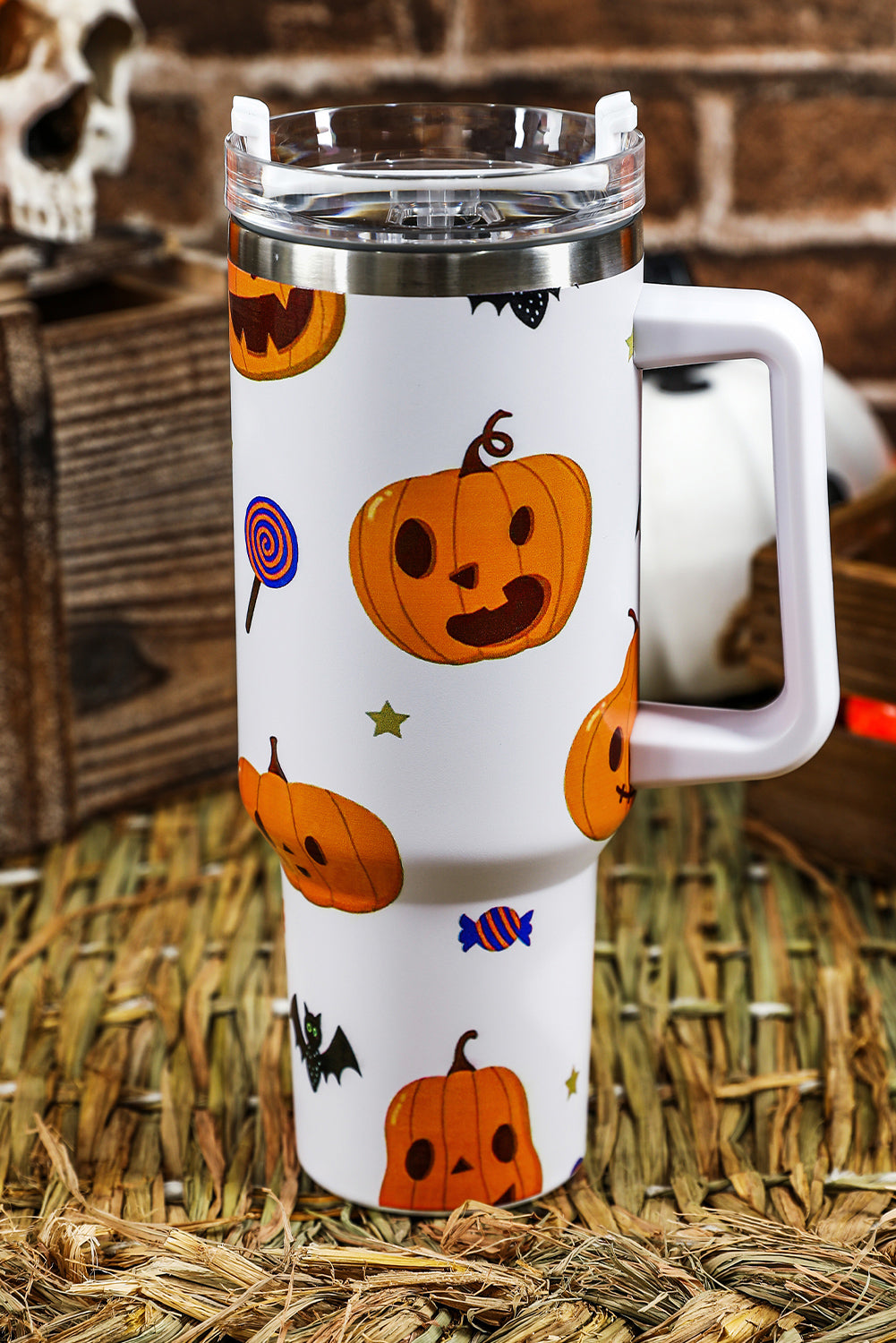 Bright White 40oz Halloween Print 304 Stainless Steel Thermos Cup Tumblers JT's Designer Fashion