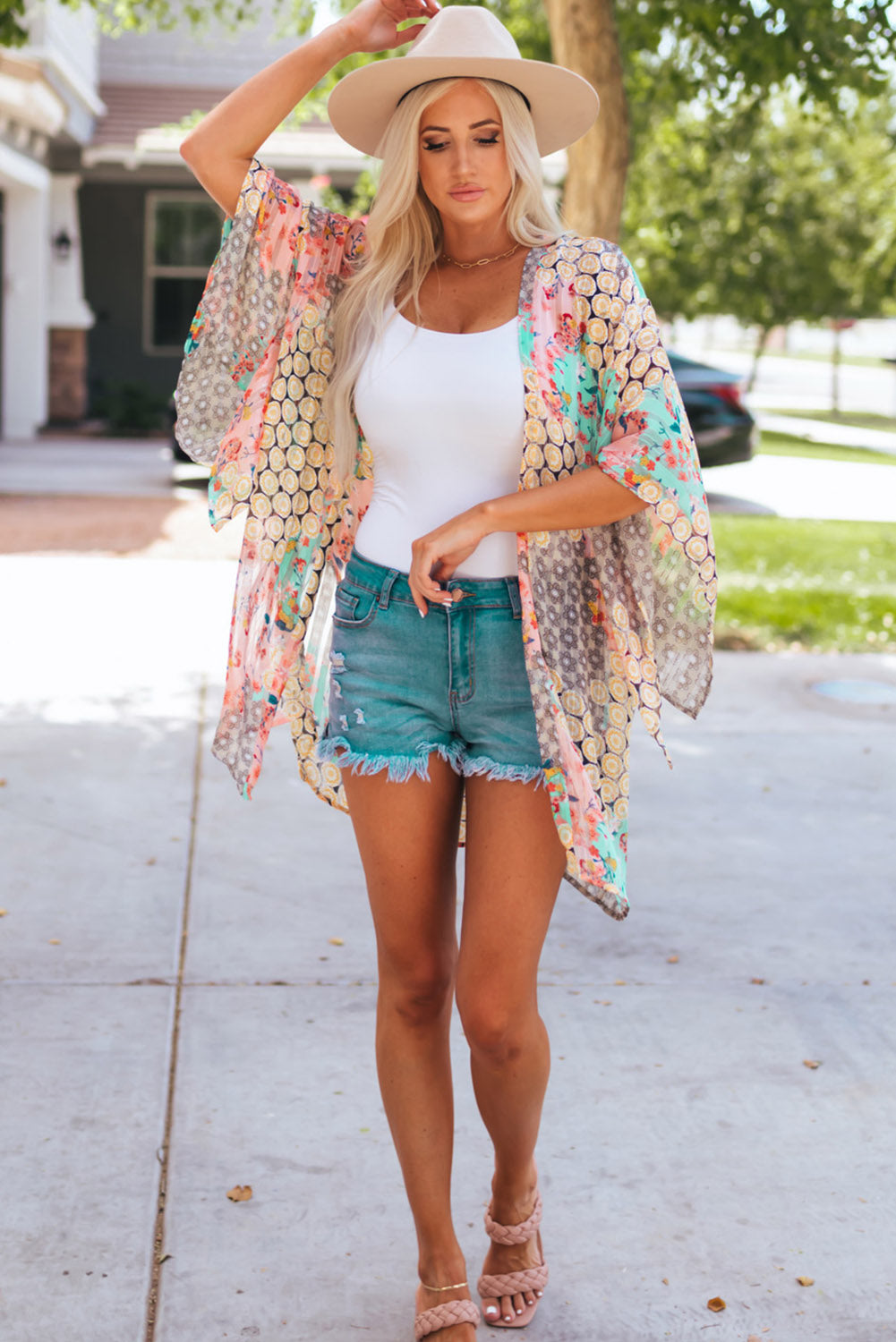 Multicolor Floral Open Sheer Shimmer Kimono Kimonos JT's Designer Fashion