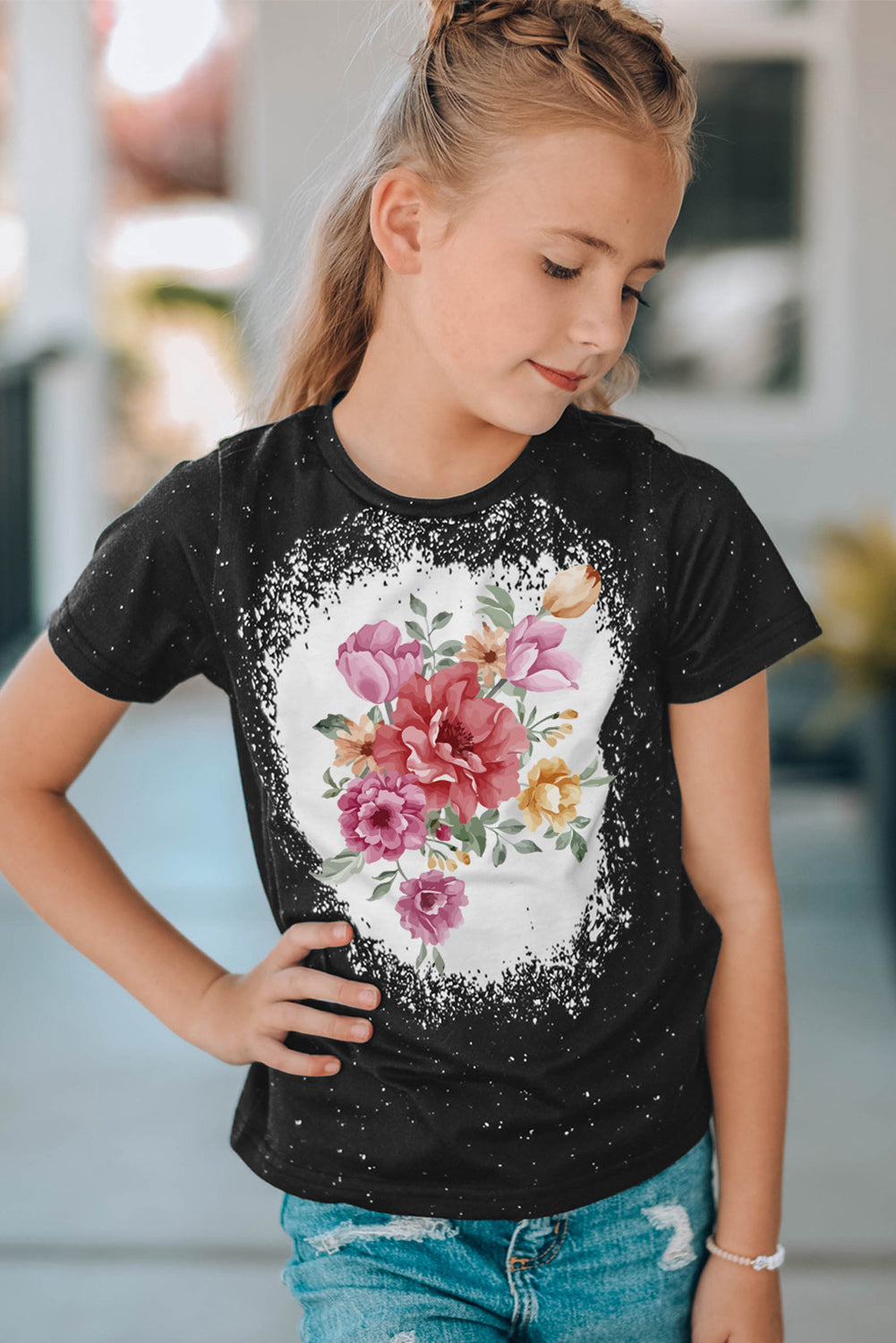 Black Family Matching Girl's Floral Print Color Block T Shirt Family T-shirts JT's Designer Fashion