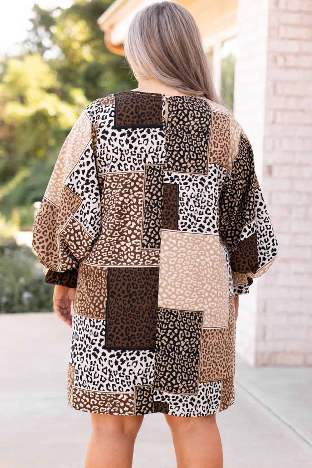 Chestnut Plus Size Mixed Leopard Print Puff Sleeve Dress Plus Size JT's Designer Fashion