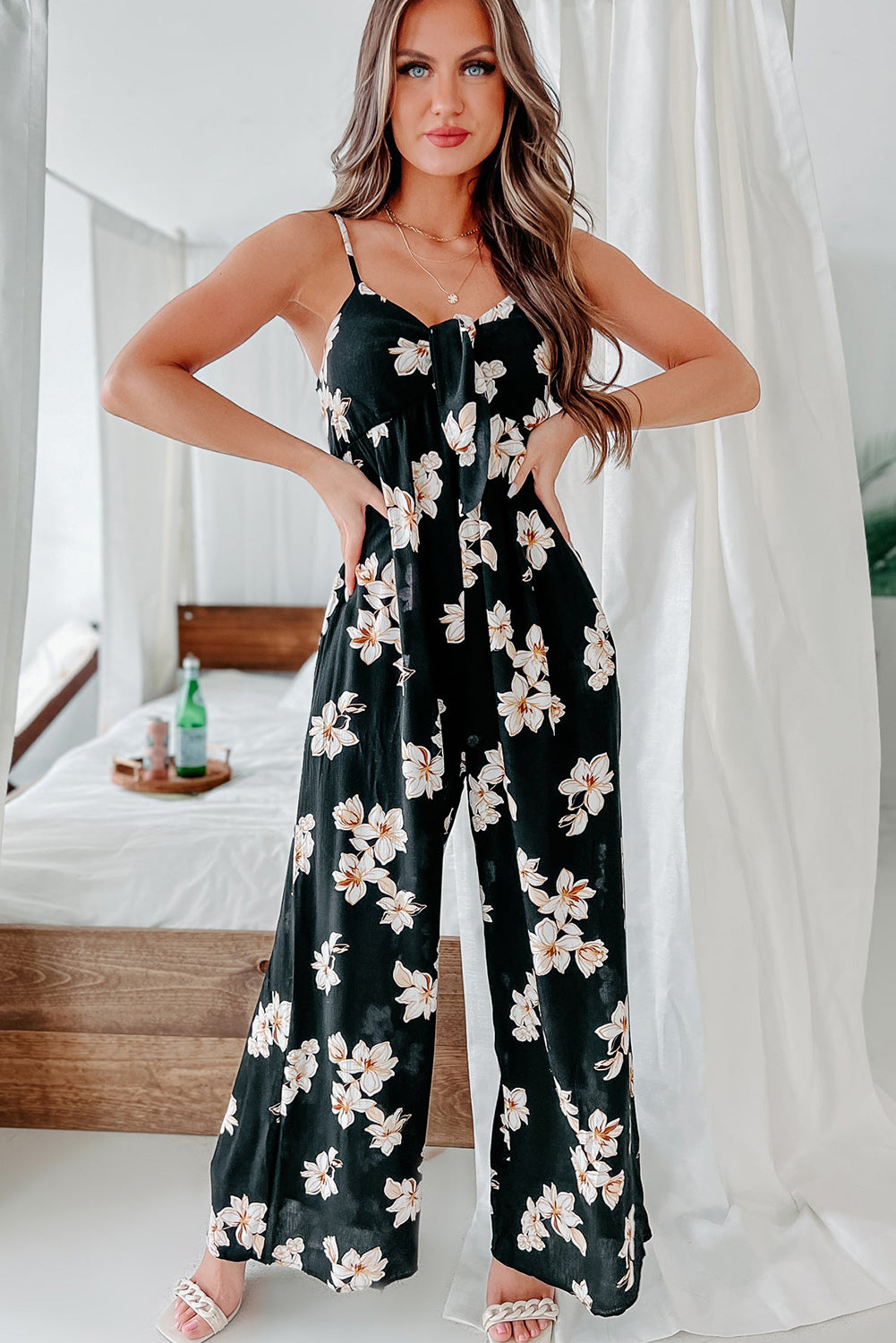 Black Tie Decor V Neck Floral Wide Leg Jumpsuit Jumpsuits & Rompers JT's Designer Fashion