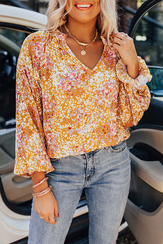 Yellow Split V Neck Floral Blouse Blouses & Shirts JT's Designer Fashion