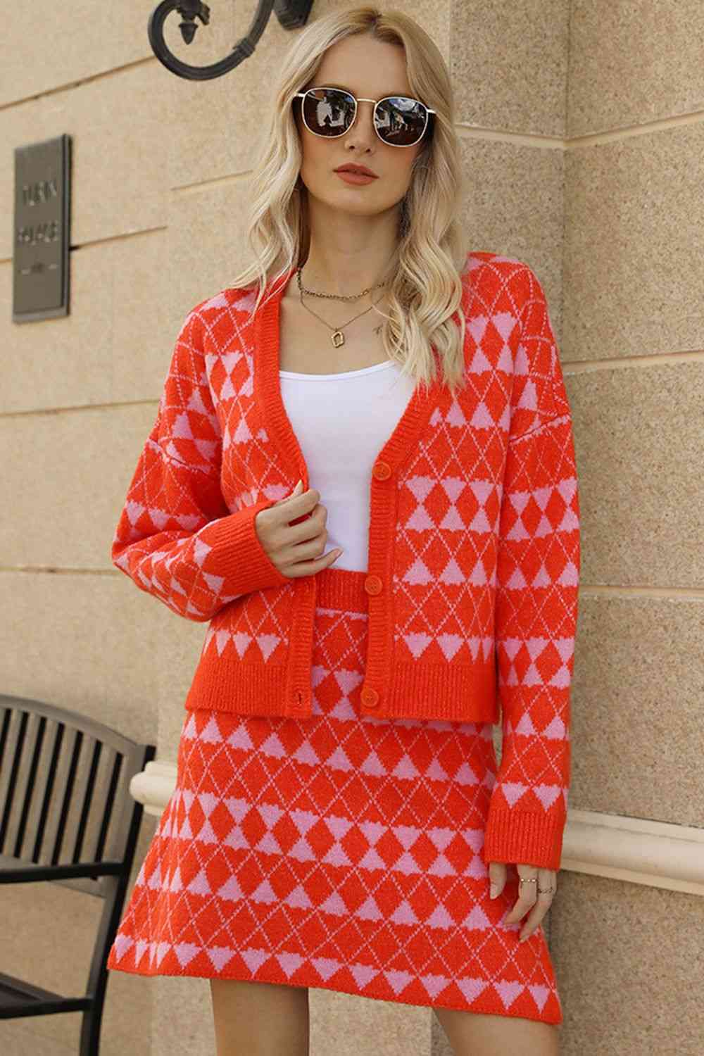 Geometric Dropped Shoulder Cardigan and Knit Skirt Set Orange Sweater Dresses JT's Designer Fashion