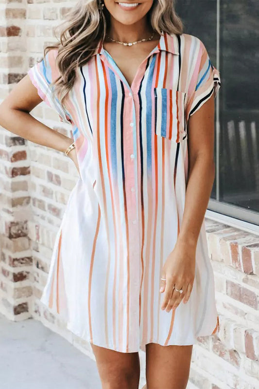 Gradient Vertical Striped Collard Button Shirt Dress T Shirt Dresses JT's Designer Fashion